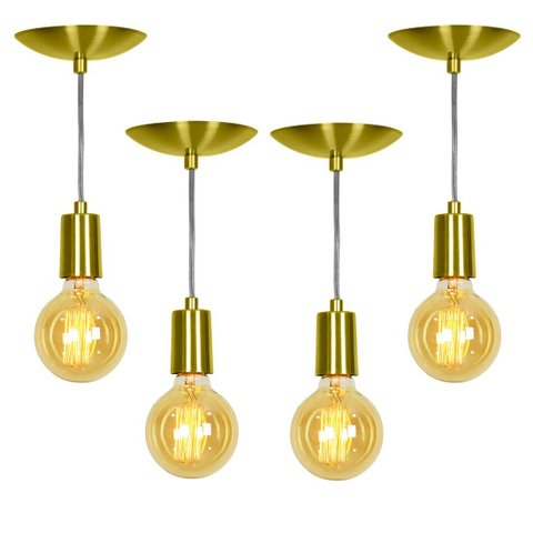 Kit 4 Pendente Tubo Cilindro Alumínio Dourado Fio 1.20m