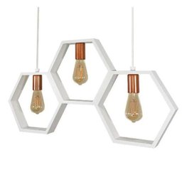 Luminária de Teto Pendente Hexágono Colméia Branco com Cobre - 1 Luminária de Teto Pendente Hexágono Colméia Branco com Cobre - 1