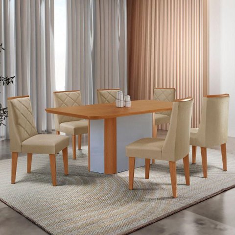 Mesa de Jantar Isadora Tampo Mdf 6 Cadeiras Isadora Moderna Turim 07 Naturale