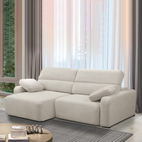 Sofá Decorativo Sala de Estar Ibiza 3 Lugares 260cm Reclinável e Retrátil Bouclê Off White G89