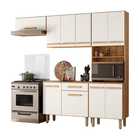 Cozinha com Balcão Lemon com 10 Portas e 1 Gaveta 222 Cm Freijo/off White