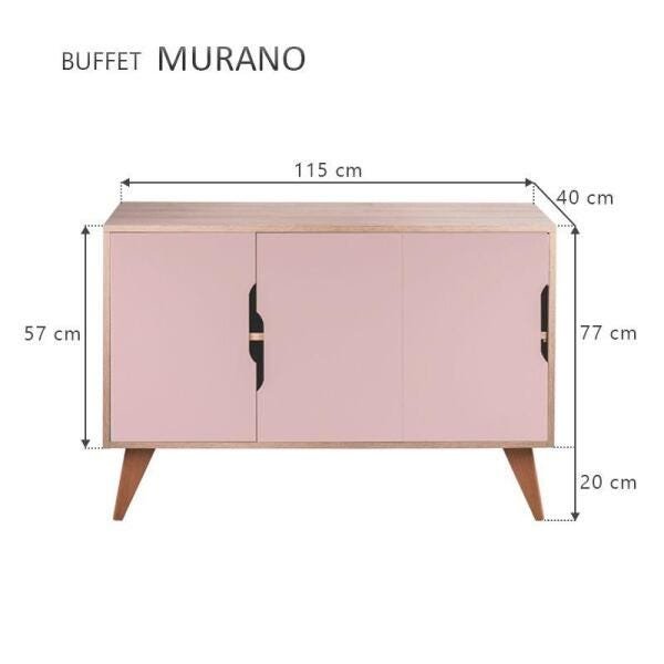 Aparador Buffet com 3 Portas Murano Carvalho e Rosa Claro - 5