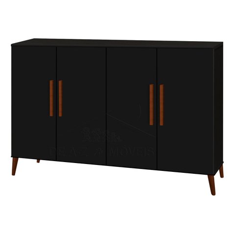 Aparador Bog. 4 Portas Pés de Madeira Maciça Estilo Buffet Cor Preto Fosco Passe