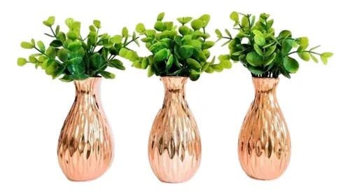 Kit Decorativo Sala com 3 Vasinhos Rose Gold + Planta Artifi