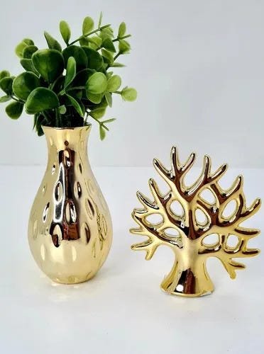 Arvore Da Vida + Vaso Com Planta Artificial Decoração - Dourado