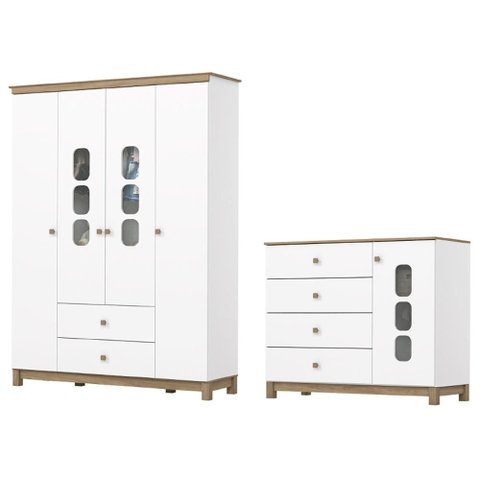 Guarda Roupa 4 Portas e Comoda 4 Gavetas Aconchego Branco Jequitiba Hp Henn