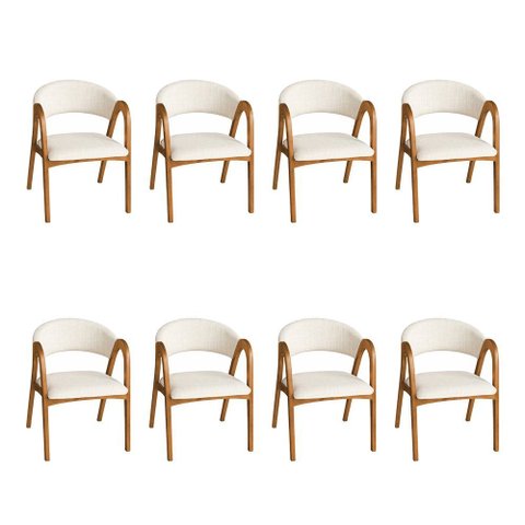 Kit 8 Cadeiras Valentina Madeira Maciça Cerejeira Encosto Anatômico em Linho Decorativa - Off-white