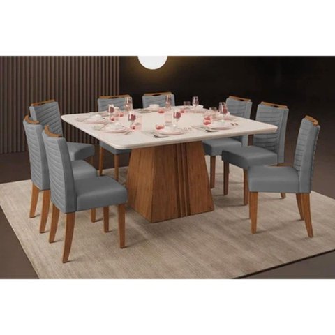 Sala de Jantar Completa Itália Tampo Madeirado C/ Vidro Curvo 136x136cm e 8 Cadeiras Julia Freijo/