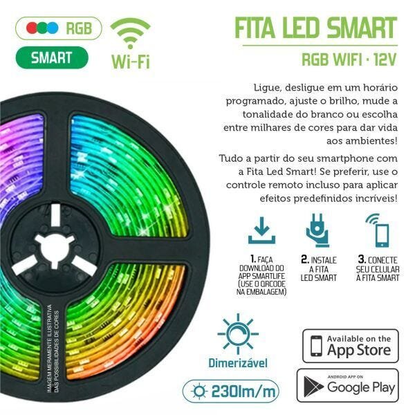 Fita Led Smart RGB Wi-fi 20W 12V com Controle e Fonte - 4