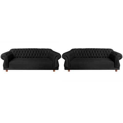 Dois Sofás Chesterfield Capitone Elisabeth Suede Preto 1,80cm