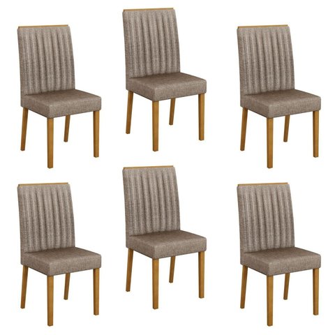 Kit 6 Cadeiras para Sala de Jantar Pés em Madeira Maciça Mari Bege/Cinamomo/Linho