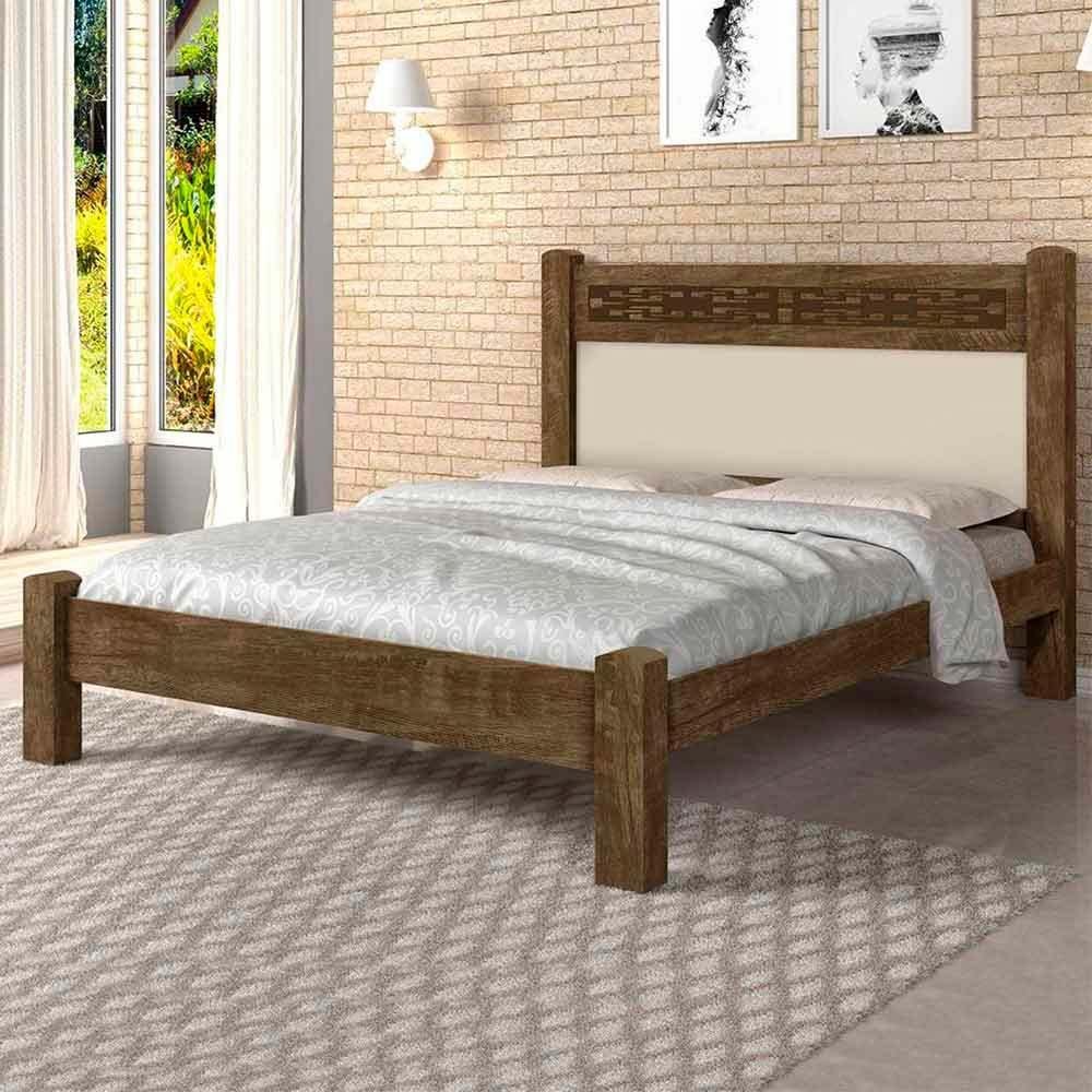 Cama Casal Rústica Reforçada Vj Móveis Castanho Off White Com Colchão Casal Hellen Pro Confort - 2