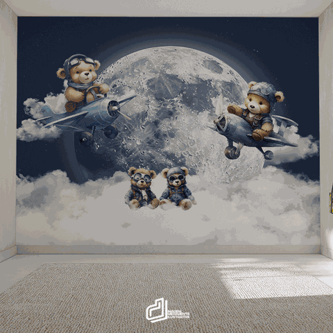Papel de Parede Painel Ursinho Aviador Aquarelado