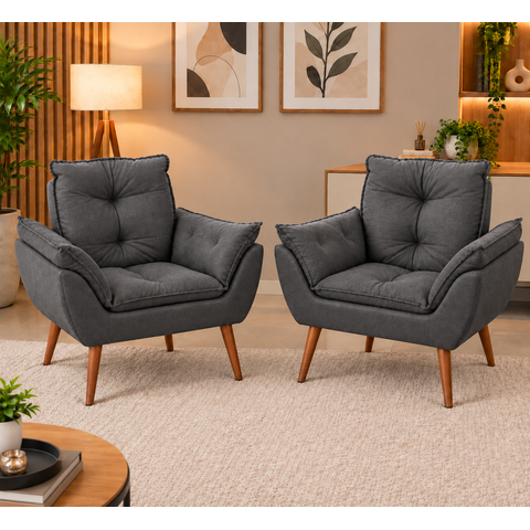 Kit 02 Poltronas Opalas Decorativas Suede Cinza Escuro Sala Escritório Recepção