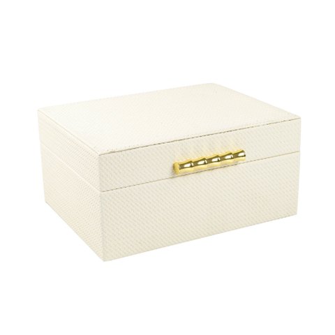 Caixa Decorativa em Mdf com Revestimento Off White em Pu e Metal Dourado 20x26x12,5cm