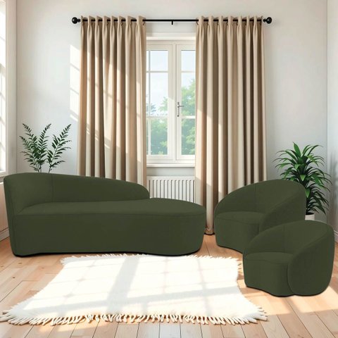 Kit Divã Recamier Orgânico França 140cm Lado Direito e 2 Poltronas Amore Linho