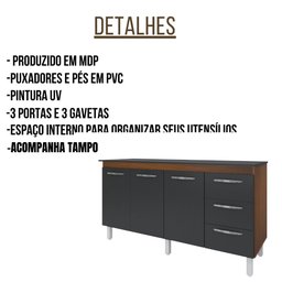 Balcão com Tampo Diana 150 Cm Savana Preto Moblis - 3