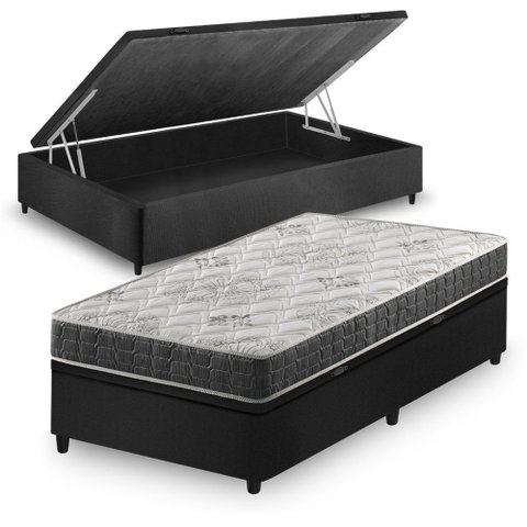 Cama Box Baú Solteiro King Preto + Colchão Espuma D33 Ortopédico Zidi San Francisco 96x203x59cm