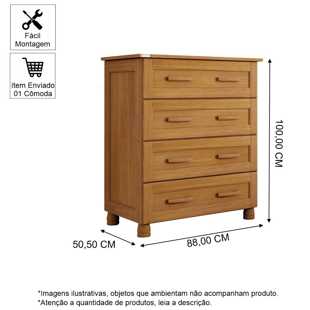 Cômoda para Quarto 4 Gavetas em Madeira Viena Carvalho - Straub Web - 3