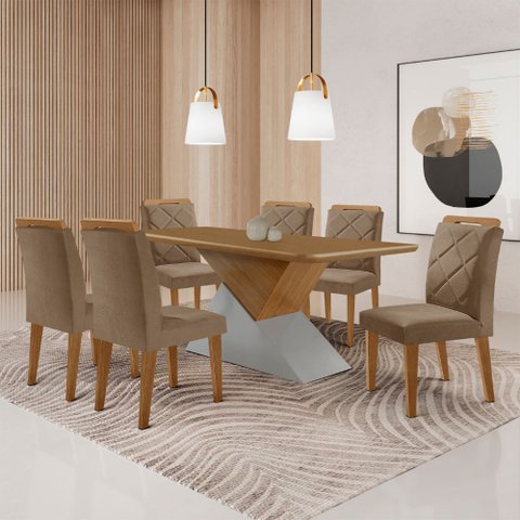 Mesa para Sala de Jantar Aster 180cm Mdf Tampo Laminado Canto Copo e 6 Cadeiras Melissa