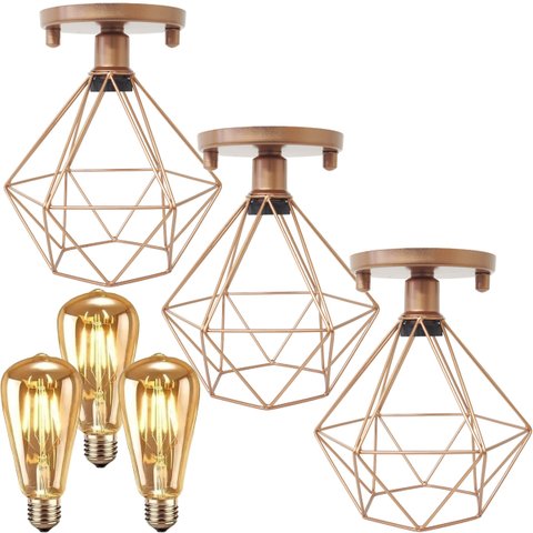 3 Lustre Teto Plafon + 3 Lâmpada LED St64 Industrial Aramado Diamante Retrô Vintage Cobre Rose