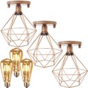 Ver imagem 1 de 3 Lustre Teto Plafon + 3 Lâmpada LED St64 Industrial Aramado Diamante Retrô Vintage Cobre Rose