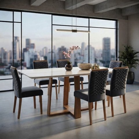 Conjunto Mesa Hamburgo e 6 Cadeiras Pegador Plus - Veludo Cinza