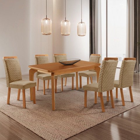 Mesa de Jantar Liz 180 cm Tampo MDF Laminado Canto Copo com 6 Cadeiras Aline