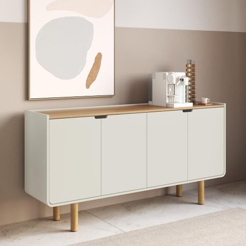 Aparador Buffet para Sala de Jantar 4 Portas 160cm Orgânico Nordic A03 Hanover Off White Roble -