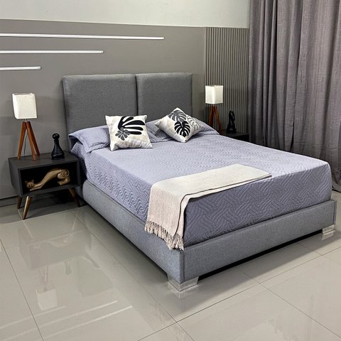 Cama com Cabeceira Almofadada Módena Linho Cinza Rbl Queen 1,95 X 2,05