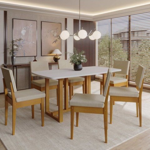 Conjunto Sala de Jantar 6 Cadeiras Tampo 170cm Oval sem Vidro Filadélfia Natural Cerejeira/Palha