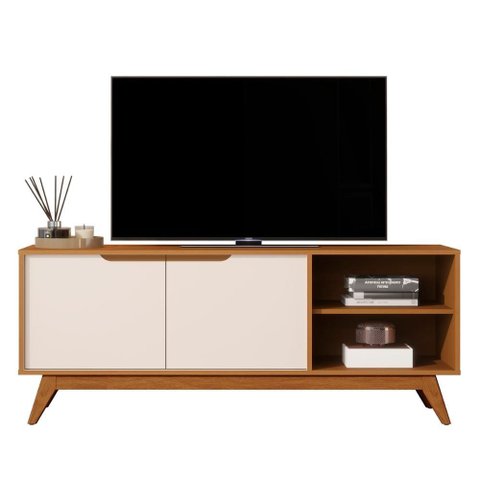 Rack Bancada Tucumã 1.4 Tv até 60 Pol. Pés de Madeira Maciça Nature/off White