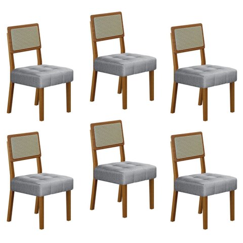 Kit de 6 Cadeiras para Sala de Jantar Pés em Madeira Maciça Liz Cinza/Cinamomo/Linho Prata