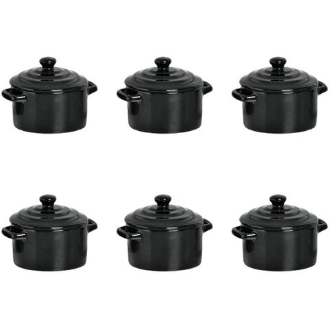 Kit 6 Mini Caçarola Cerâmica Preta Esmaltada 250ml Moderna Panelinha para Festa Buffet Servir