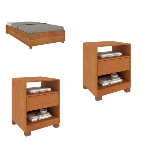 Conjunto Cama Solteiro Mônaco com 2 Mesas de Cabeceira 1 Gaveta Luna em MDF Marrom/Cinamomo