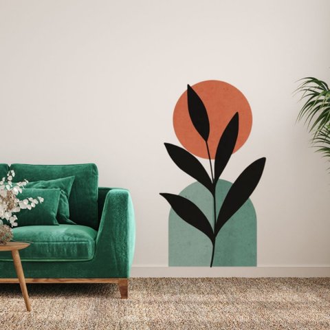 Adesivo de Parede Flor Ramo Vermelho Queimado Verde Contemporâneo