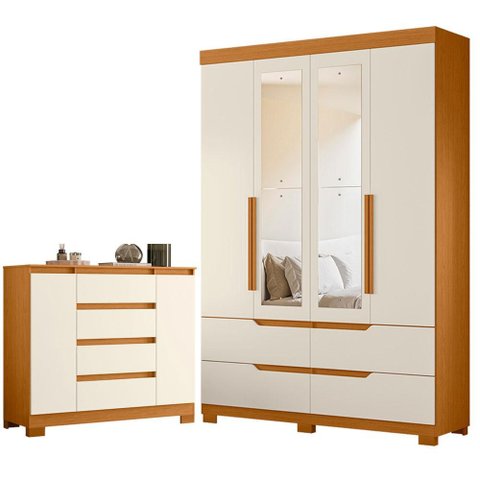 Guarda Roupa Solteiro Doble 04 Portas com Espelho e Cômoda Sapateira Atena Cinamomo Off White - Móve