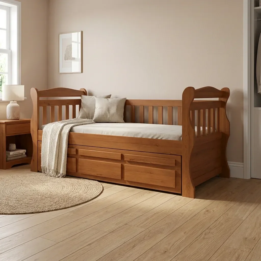 Bicama Solteiro Americana Luiza Cama Auxiliar 3 Gavetas Pinus Castanho Claro