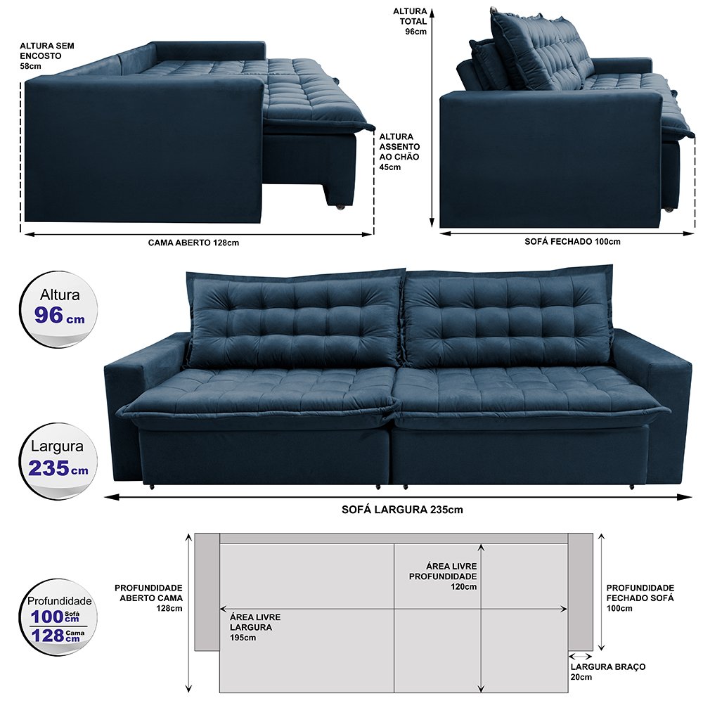 Sofá Retrátil e Reclinável e Cama 2,35M Cama Inbox Flex Suede Velusoft Azul - 2