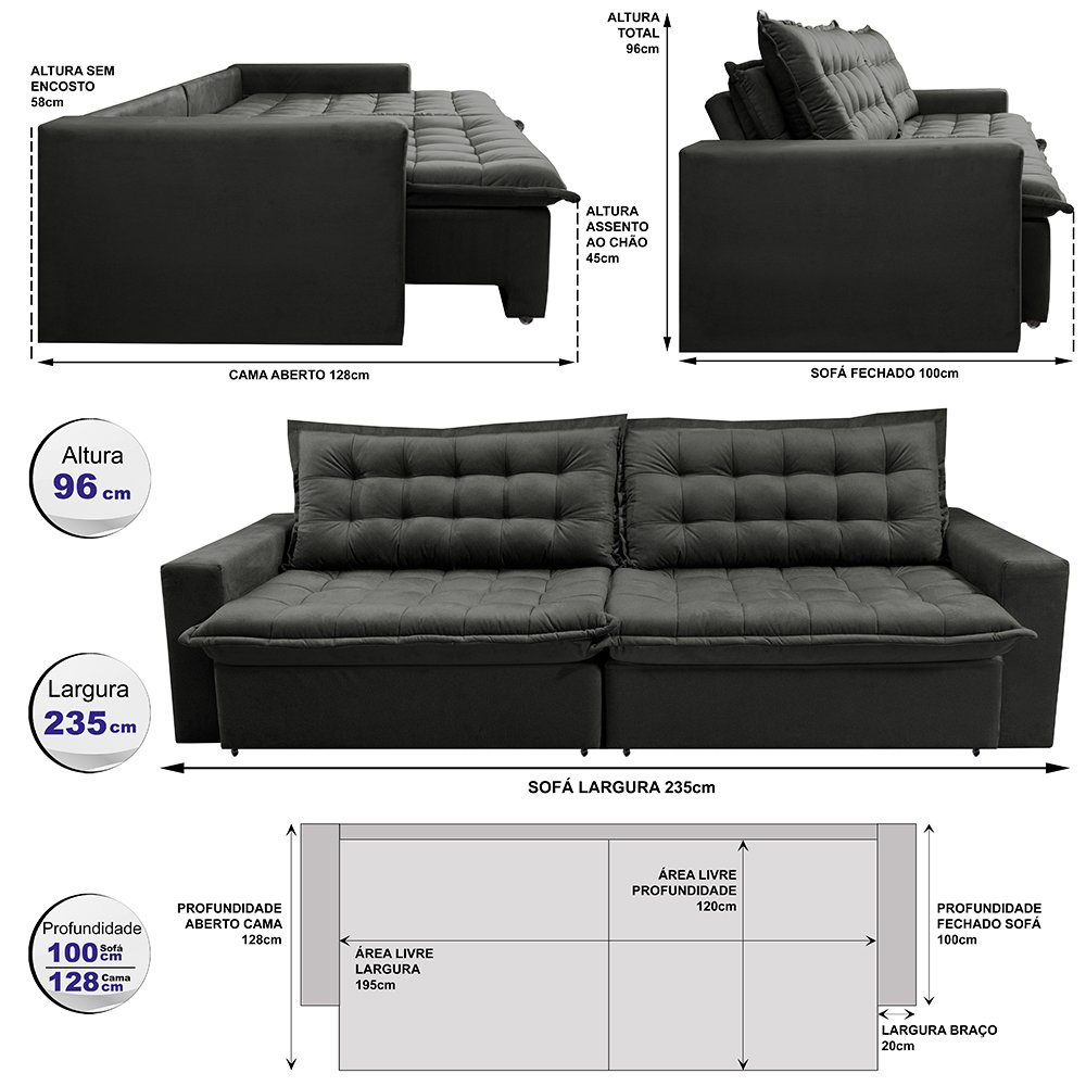 Sofá Retrátil e Reclinável e Cama 2,35M Cama Inbox Flex Suede Velusoft Cinza - 2