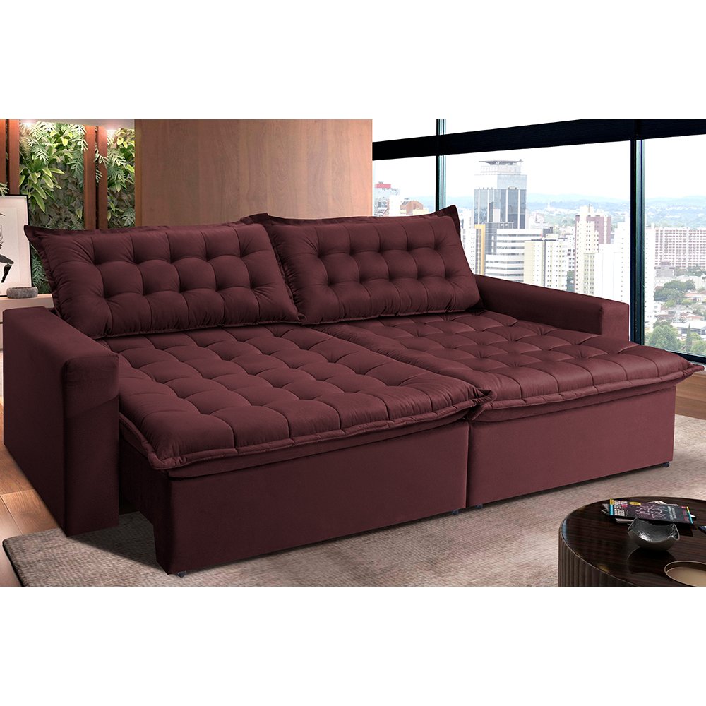 Sofá Retrátil e Reclinável e Cama 2,35M Cama Inbox Flex Suede Velusoft Vinho - 1