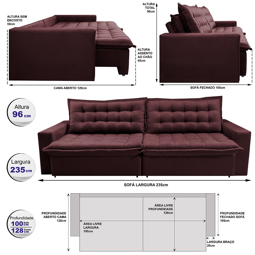 Sofá Retrátil e Reclinável e Cama 2,35M Cama Inbox Flex Suede Velusoft Vinho - 2