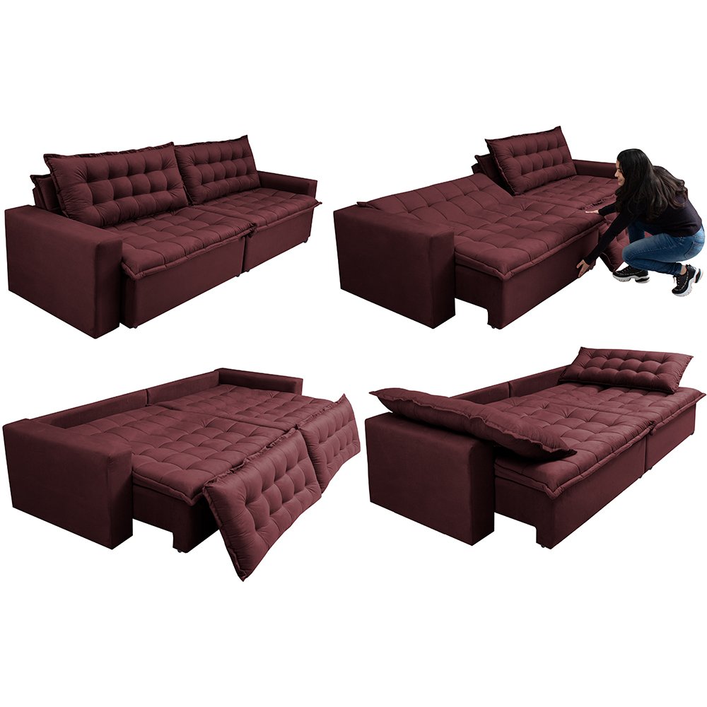 Sofá Retrátil e Reclinável e Cama 2,35M Cama Inbox Flex Suede Velusoft Vinho - 7