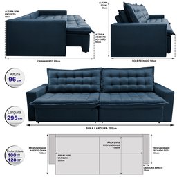 Sofá Retrátil e Reclinável e Cama 2,95M Cama Inbox Flex Suede Velusoft Azul - 2