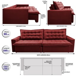 Sofá Retrátil e Reclinável e Cama 2,95M Cama Inbox Flex Suede Velusoft Vermelho - 2