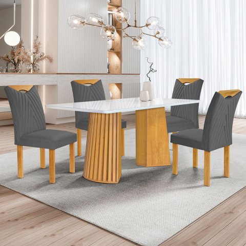 Mesa de Jantar 4 Lugares Stella com Vidro Ripado Cinamomo/off White/cinza - Cel Móveis