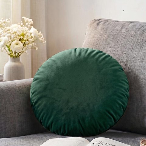 Almofada Redonda Veludo Premium 35cm Decorativa com Zíper e Enchimento - Verde Escuro
