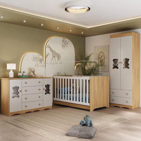 Quarto de Bebê Completo com Berço Americano 3 em 1 Doçura Multimóveis Mp4658 Madeirado/off White