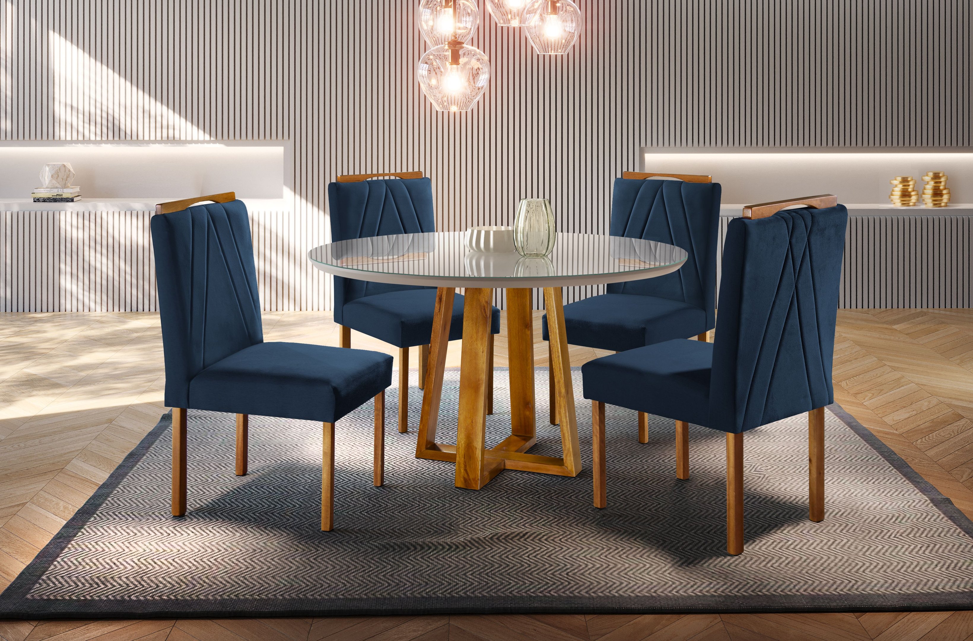 Conjunto Sala de Jantar Madona Mesa Redonda e Cadeira Madeira Maciça Azul Petroleo