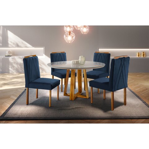 Conjunto Sala de Jantar Madona Mesa Redonda e Cadeira Madeira Maciça Azul Petroleo